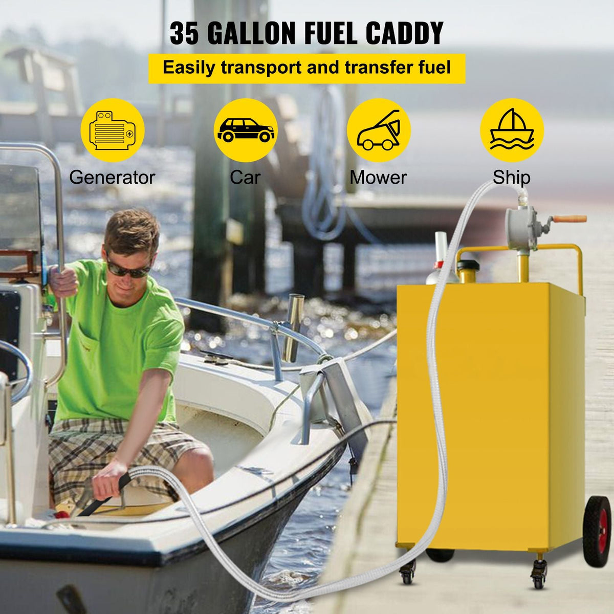 Fuel Caddy, 35 Gallon, Gas Storage Tank on 4 Wheels, with Manuel Transfer Pump, Gasoline Diesel Fuel Container for Cars, Lawn Mowers, ATVs, Boats, More, Yellow