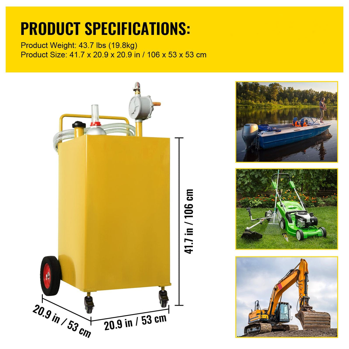 Fuel Caddy, 35 Gallon, Gas Storage Tank on 4 Wheels, with Manuel Transfer Pump, Gasoline Diesel Fuel Container for Cars, Lawn Mowers, ATVs, Boats, More, Yellow
