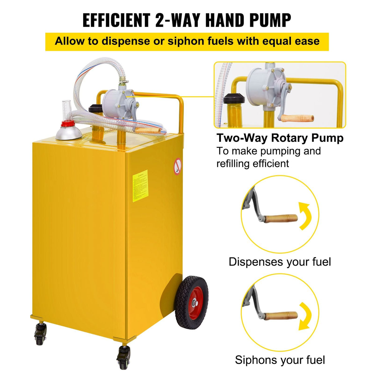 Fuel Caddy, 35 Gallon, Gas Storage Tank on 4 Wheels, with Manuel Transfer Pump, Gasoline Diesel Fuel Container for Cars, Lawn Mowers, ATVs, Boats, More, Yellow