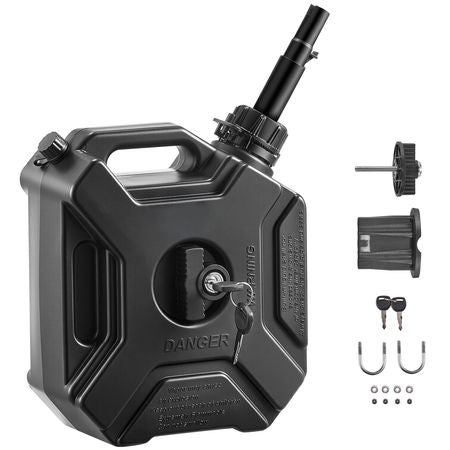 Fuel Container, 1.3 Gallon, Gas Can with Spout and Lockable Bracket, 15 L/min Max Flow Rate, Secure & Leak-proof, Portable Flat Fluid Container for Most Cars Motorcycle ATV UTV, Black