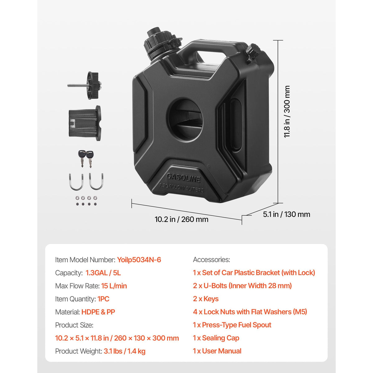 Fuel Container, 1.3 Gallon, Gas Can with Spout and Lockable Bracket, 15 L/min Max Flow Rate, Secure & Leak-proof, Portable Flat Fluid Container for Most Cars Motorcycle ATV UTV, Black