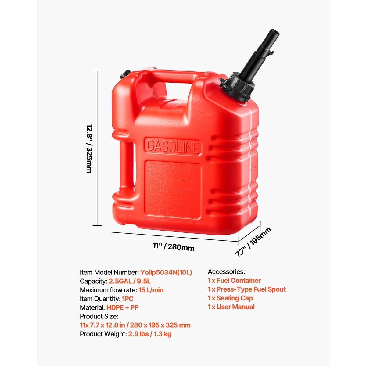 Fuel Container, 2.5 Gallon, Gas Tank with Spout & Clear Scale, 15 L/min Max Flow Rate, Secure & Leak-proof, Portable Flat Fluid Container for Most Cars Motorcycle ATV UTV, Red, 1 Pack