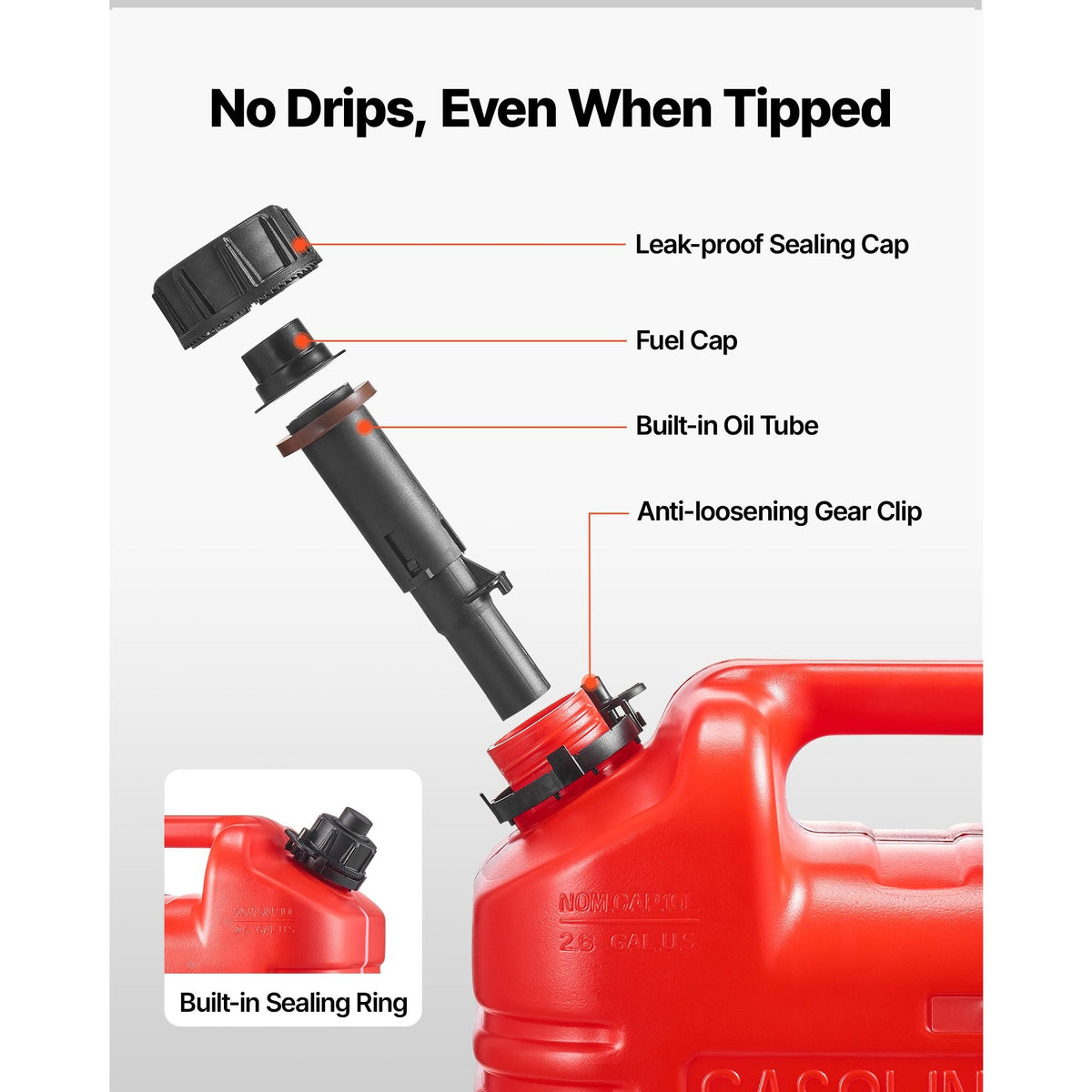 Fuel Container, 2.5 Gallon, Gas Tank with Spout & Clear Scale, 15 L/min Max Flow Rate, Secure & Leak-proof, Portable Flat Fluid Container for Most Cars Motorcycle ATV UTV, Red, 1 Pack