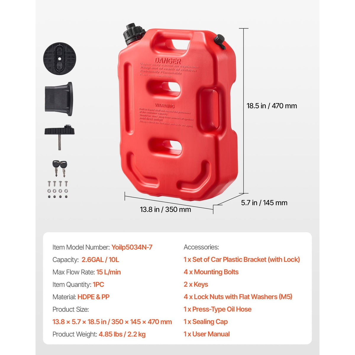 Fuel Container, 2.6 Gallon, Gas Can with Spout and Lockable Bracket, 15 L/min Max Flow Rate, Secure & Leak-proof, Portable Flat Fluid Container for Most Cars Motorcycle ATV UTV, Red