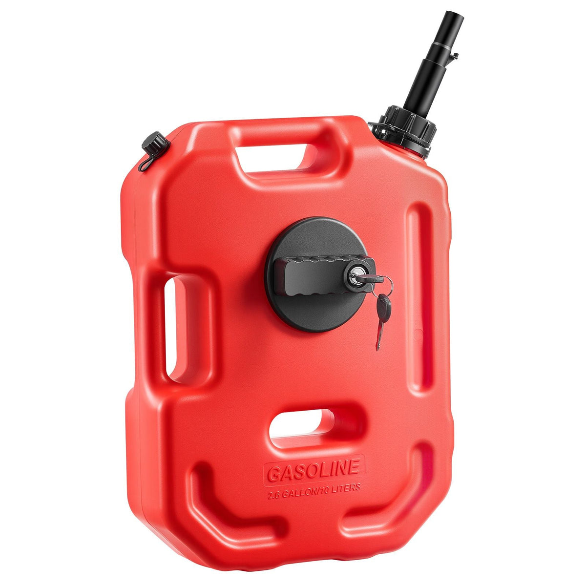 Fuel Container, 2.6 Gallon, Gas Can with Spout and Lockable Bracket, 15 L/min Max Flow Rate, Secure & Leak-proof, Portable Flat Fluid Container for Most Cars Motorcycle ATV UTV, Red