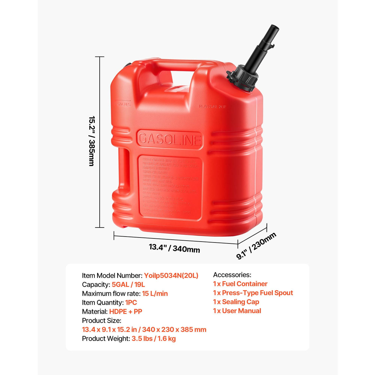 Fuel Container, 5 Gallon, Gas Tank with Spout & Clear Scale, 15 L/min Max Flow Rate, Secure & Leak-proof, Portable Flat Fluid Container for Most Cars Motorcycle ATV UTV, Red, 1 Pack