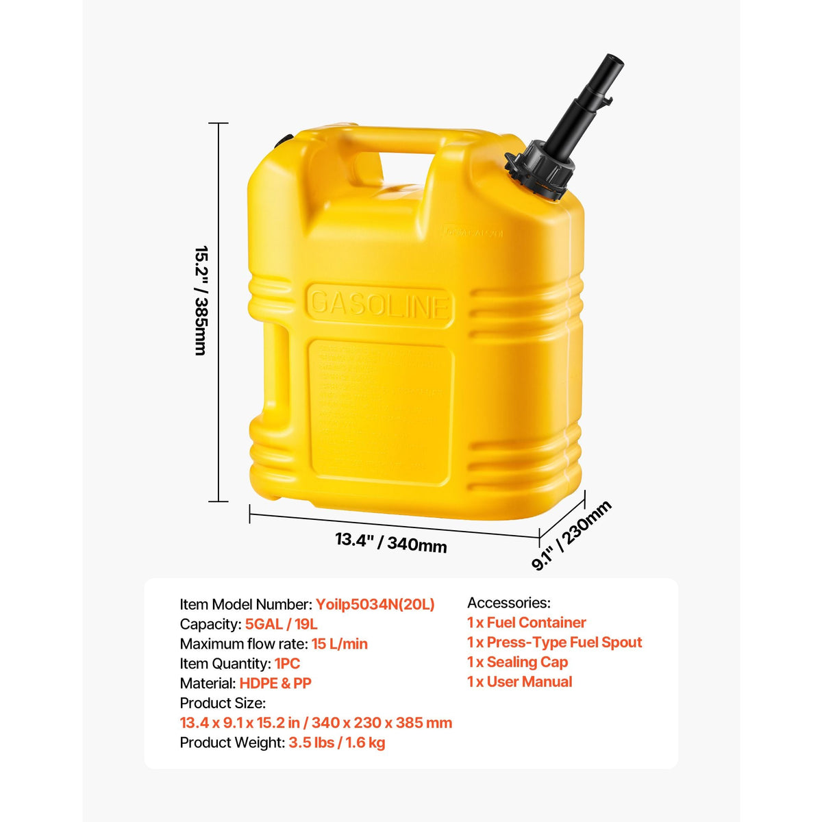 Fuel Container, 5 Gallon, Gas Tank with Spout & Clear Scale, 15 L/min Max Flow Rate, Secure & Leak-proof, Portable Flat Fluid Container for Most Cars Motorcycle SUV ATV UTV, Yellow, 1 Pack