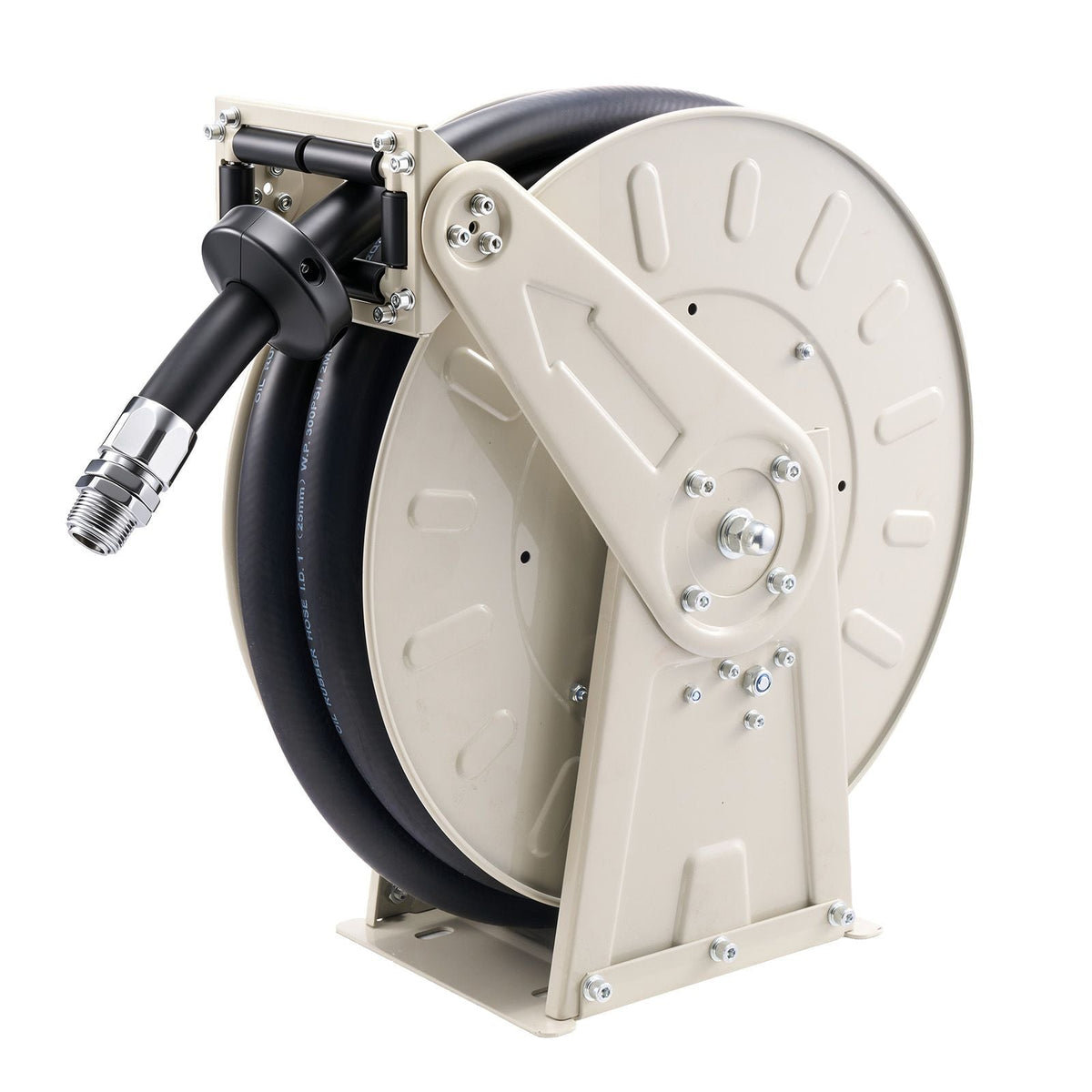 Fuel Hose Reel, 1 inch x 33 ft Retractable, Spring Driven Auto Swivel Rewind, 300 PSI, Heavy-Duty Carbon Steel Construction with Industrial Grade Rubber Hose, for Diesel Fuel, Kerosene