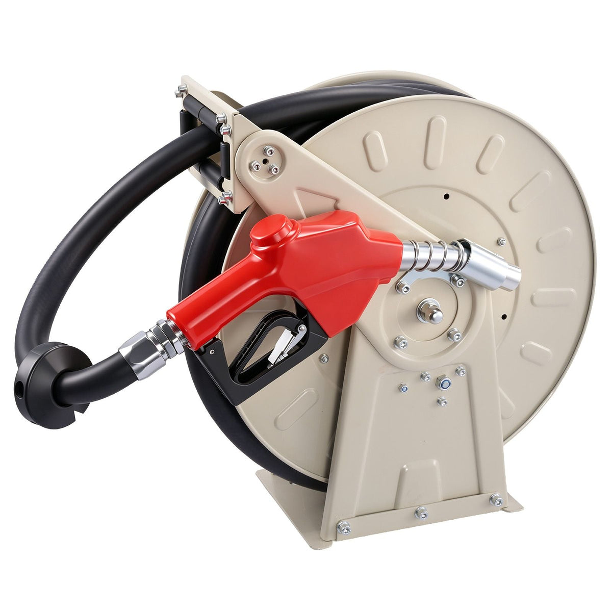 Fuel Hose Reel, 1 inch x 33 ft Retractable, Spring Driven Auto Swivel Rewind, 300 PSI, Heavy-Duty Carbon Steel Construction with Industrial Grade Rubber Hose, for Diesel Fuel, Kerosene