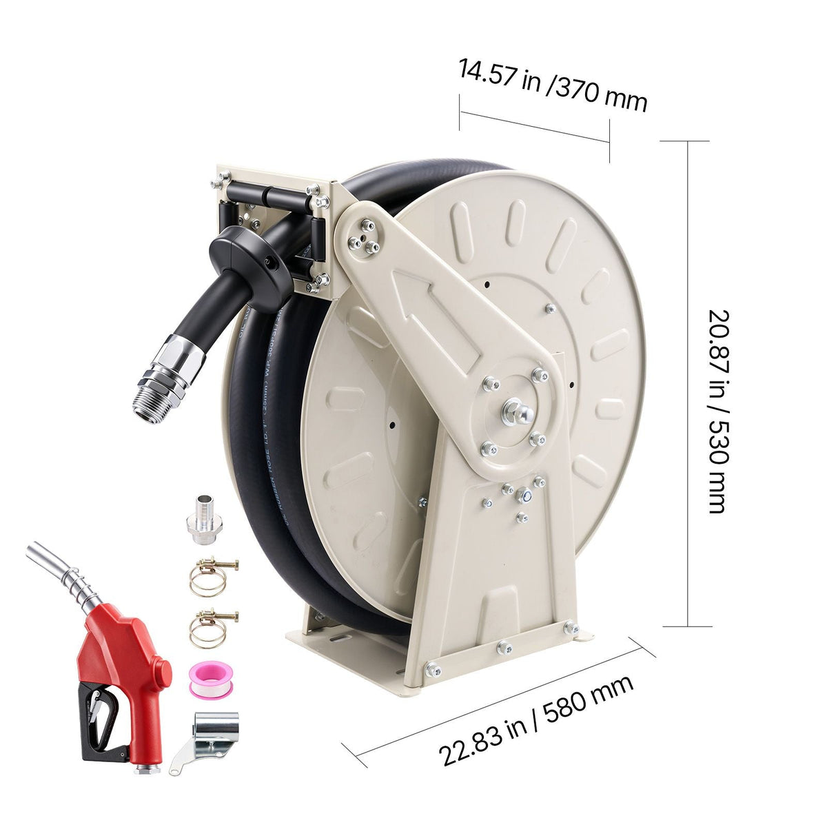 Fuel Hose Reel, 1 inch x 33 ft Retractable, Spring Driven Auto Swivel Rewind, 300 PSI, Heavy-Duty Carbon Steel Construction with Industrial Grade Rubber Hose, for Diesel Fuel, Kerosene