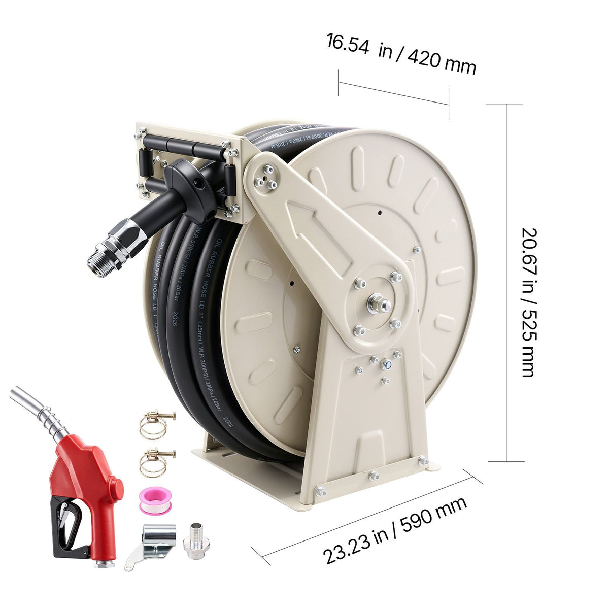 Fuel Hose Reel, 1 inch x 50 ft Retractable, Spring Driven Auto Swivel Rewind, 300 PSI, Heavy-Duty Carbon Steel Construction with Industrial Grade Rubber Hose, for Diesel Fuel, Kerosene