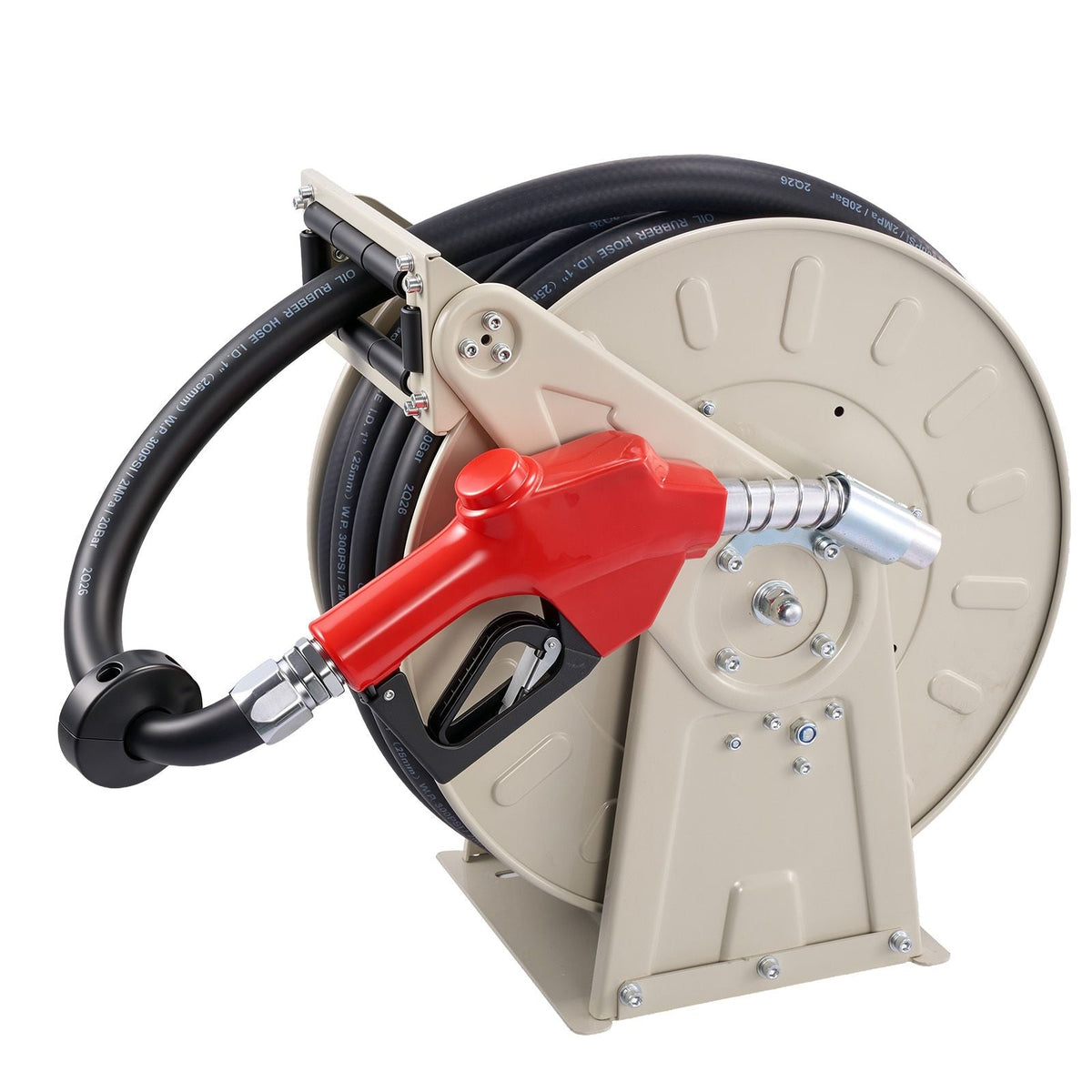 Fuel Hose Reel, 1 inch x 50 ft Retractable, Spring Driven Auto Swivel Rewind, 300 PSI, Heavy-Duty Carbon Steel Construction with Industrial Grade Rubber Hose, for Diesel Fuel, Kerosene