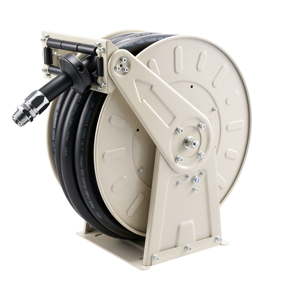 Fuel Hose Reel, 1 inch x 50 ft Retractable, Spring Driven Auto Swivel Rewind, 300 PSI, Heavy-Duty Carbon Steel Construction with Industrial Grade Rubber Hose, for Diesel Fuel, Kerosene