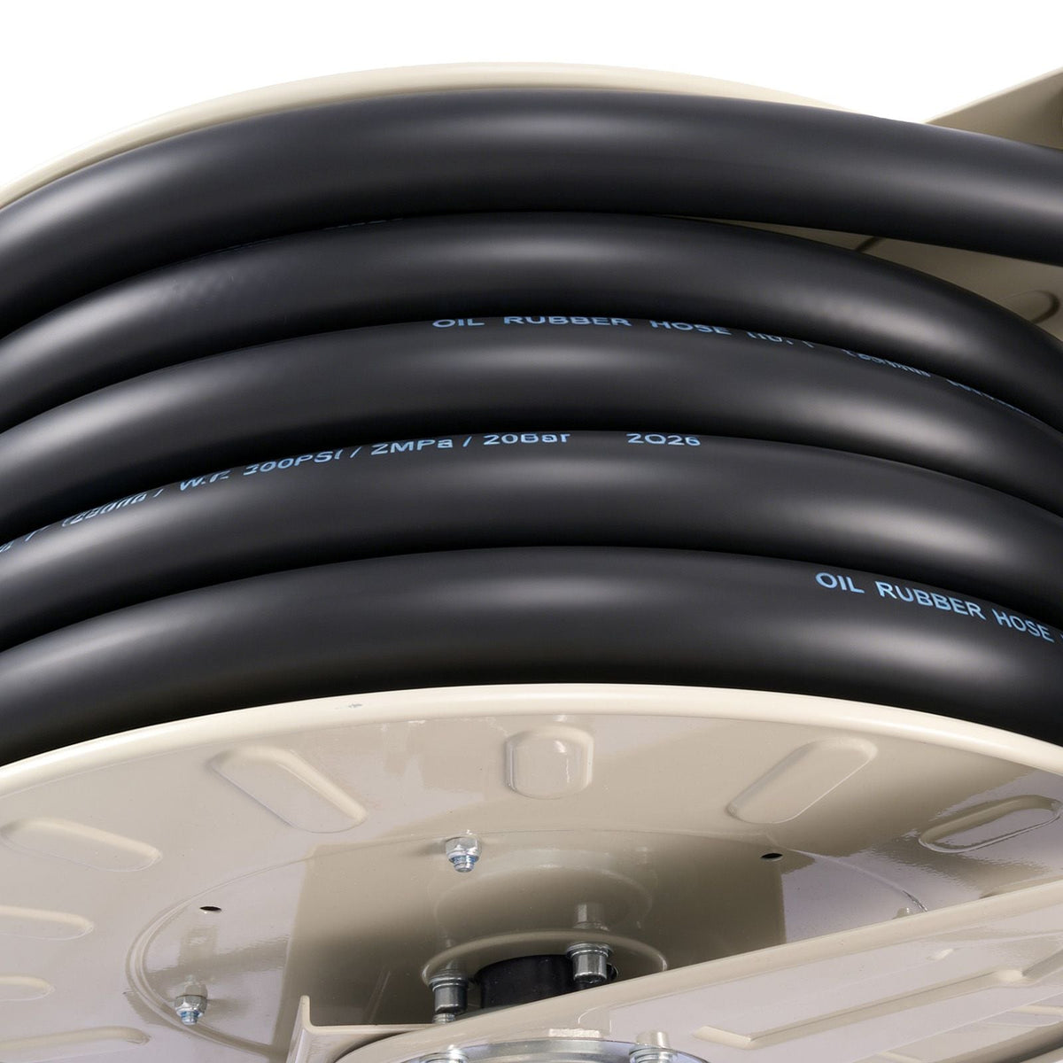 Fuel Hose Reel, 1 inch x 50 ft Retractable, Spring Driven Auto Swivel Rewind, 300 PSI, Heavy-Duty Carbon Steel Construction with Industrial Grade Rubber Hose, for Diesel Fuel, Kerosene