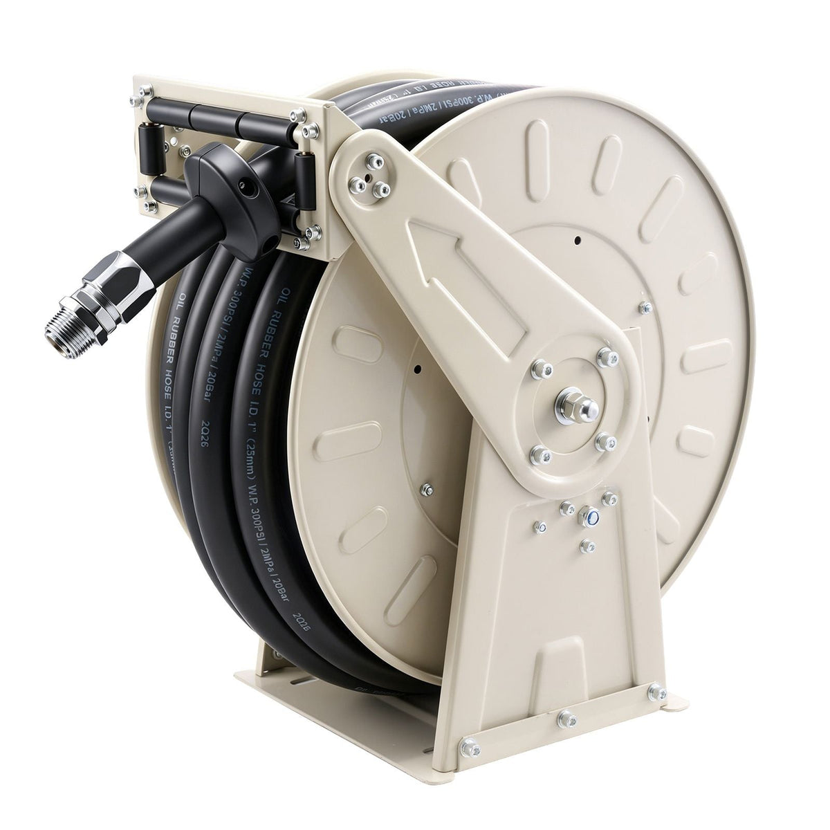 Fuel Hose Reel, 1 inch x 50 ft Retractable, Spring Driven Auto Swivel Rewind, 300 PSI, Heavy-Duty Carbon Steel Construction with Industrial Grade Rubber Hose, for Diesel Fuel, Kerosene
