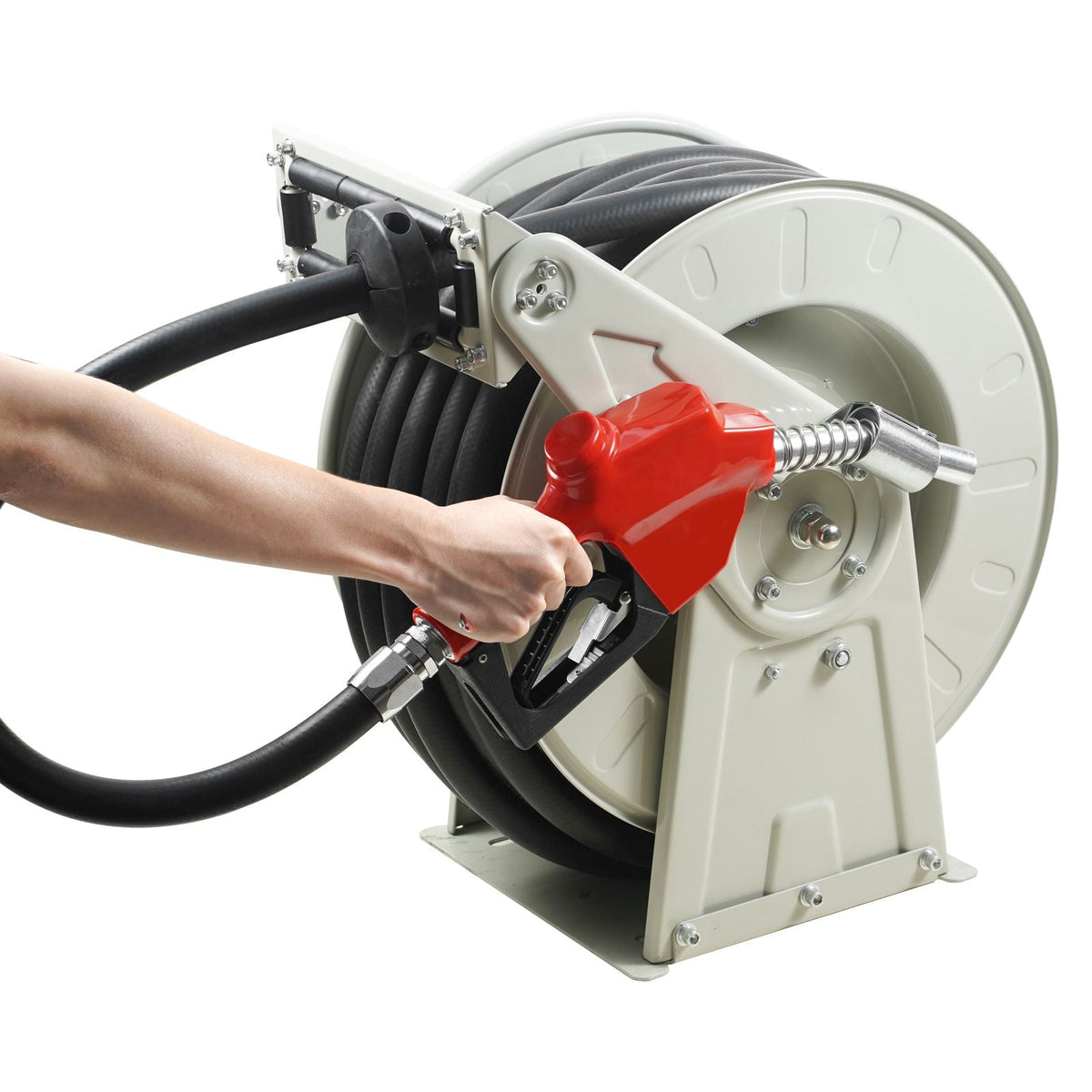 Fuel Hose Reel, 1" x 33', Extra Long Retractable Diesel Hose Reel, Heavy-Duty Carbon Steel Construction with Automatic Fuel Nozzle, NBR Rubber Hose for Aircraft Ship Vehicle Tank Truck, 300 PSI
