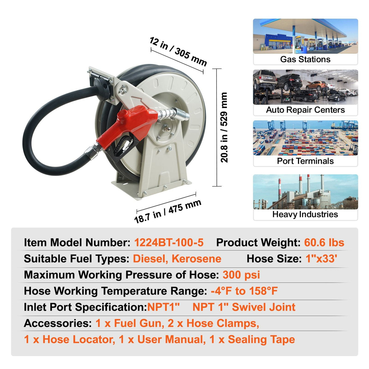 Fuel Hose Reel, 1" x 33', Extra Long Retractable Diesel Hose Reel, Heavy-Duty Carbon Steel Construction with Automatic Fuel Nozzle, NBR Rubber Hose for Aircraft Ship Vehicle Tank Truck, 300 PSI