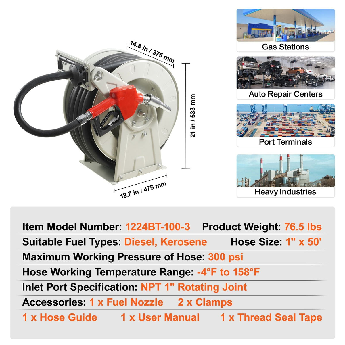 Fuel Hose Reel, 1" x 50', Extra Long Retractable Diesel Hose Reel, Heavy-Duty Carbon Steel Construction with Automatic Fuel Nozzle, NBR Rubber Hose for Aircraft Ship Vehicle Tank Truck, 300 PSI