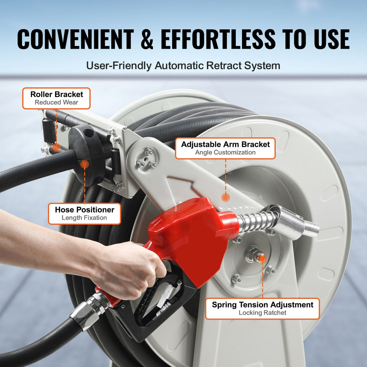 Fuel Hose Reel, 1" x 50', Extra Long Retractable Diesel Hose Reel, Heavy-Duty Carbon Steel Construction with Automatic Fuel Nozzle, NBR Rubber Hose for Aircraft Ship Vehicle Tank Truck, 300 PSI