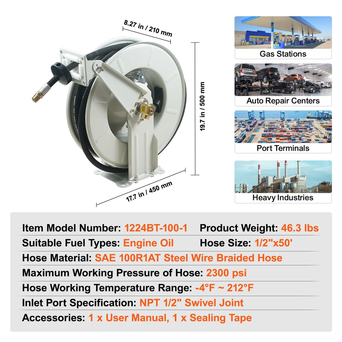 Fuel Hose Reel, 1/2" x 50', Extra Long Retractable Machine Oil Hose Reel, Spring Driven Auto Swivel Rewind, Heavy-Duty Carbon Steel Construction with Hose for Auto Repair, Industries, 2300 PSI