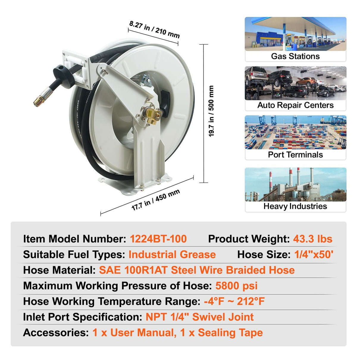 Fuel Hose Reel, 1/4" x 50', Extra Long Retractable Grease Hose Reel, Spring Driven Auto Swivel Rewind, Heavy-Duty Carbon Steel Construction with Hose for Auto Repair, Heavy Industries, 5800 PSI
