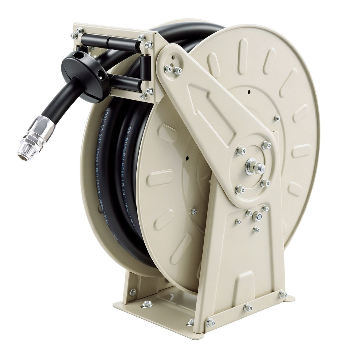 Fuel Hose Reel, 3/4 inch x 33 ft Retractable, Spring Driven Auto Swivel Rewind, 300 PSI, Heavy-Duty Carbon Steel Construction with Industrial Grade Rubber Hose, for Diesel Fuel, Kerosene