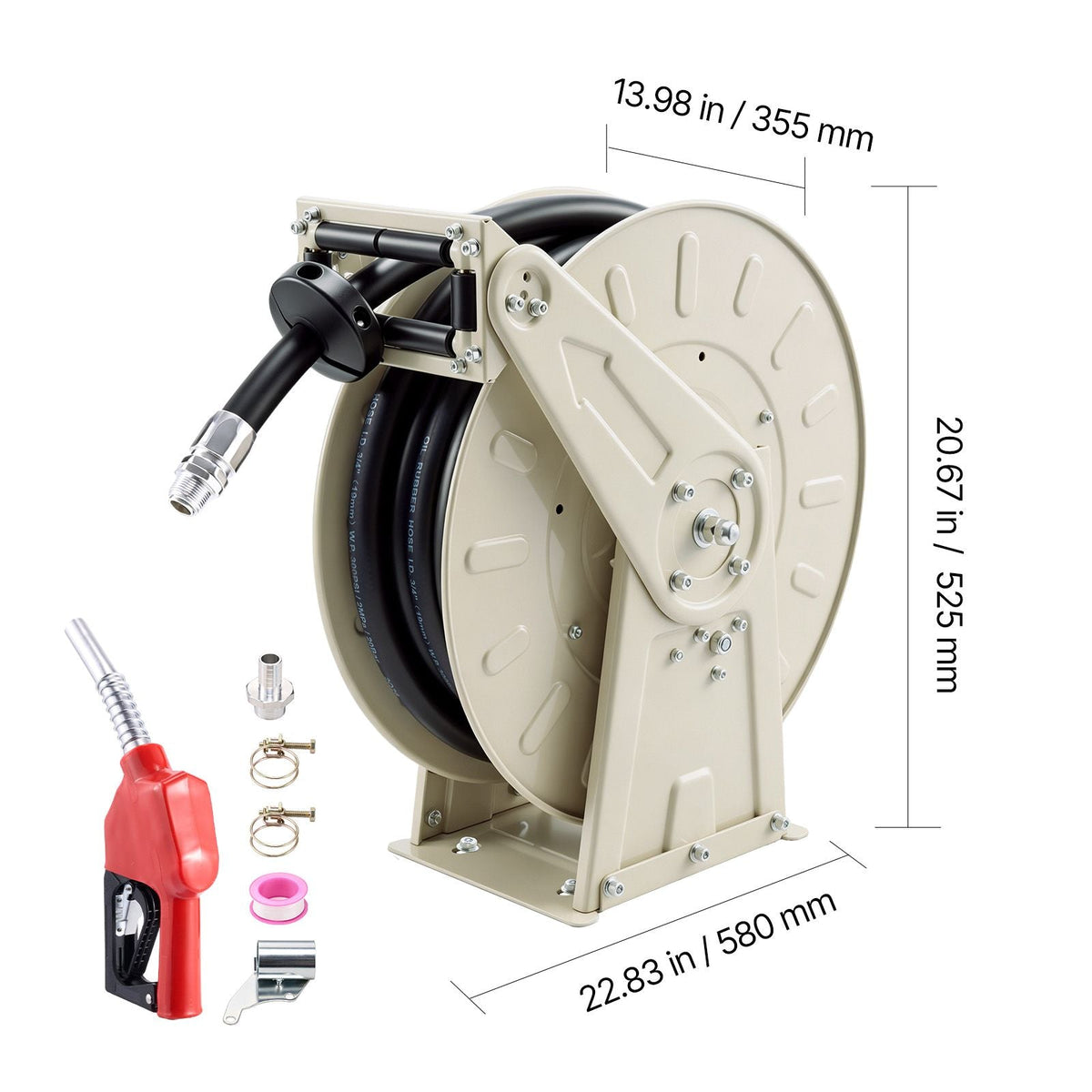 Fuel Hose Reel, 3/4 inch x 33 ft Retractable, Spring Driven Auto Swivel Rewind, 300 PSI, Heavy-Duty Carbon Steel Construction with Industrial Grade Rubber Hose, for Diesel Fuel, Kerosene