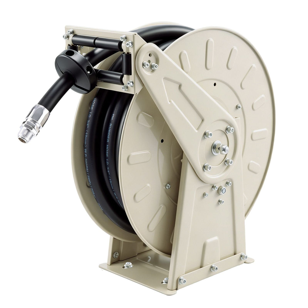Fuel Hose Reel, 3/4 inch x 33 ft Retractable, Spring Driven Auto Swivel Rewind, 300 PSI, Heavy-Duty Carbon Steel Construction with Industrial Grade Rubber Hose, for Diesel Fuel, Kerosene
