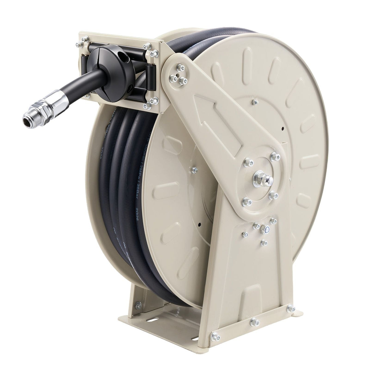 Fuel Hose Reel, 3/4 inch x 50 ft Retractable, Spring Driven Auto Swivel Rewind, 300 PSI, Heavy-Duty Carbon Steel Construction with Industrial Grade Rubber Hose, for Diesel Fuel, Kerosene
