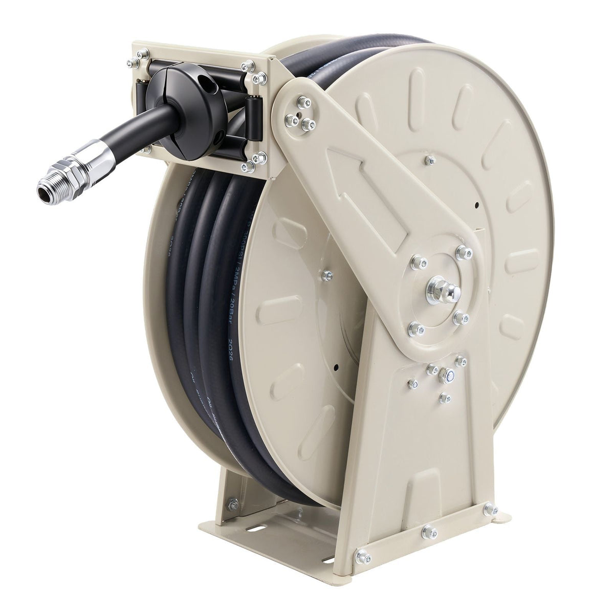 Fuel Hose Reel, 3/4 inch x 50 ft Retractable, Spring Driven Auto Swivel Rewind, 300 PSI, Heavy-Duty Carbon Steel Construction with Industrial Grade Rubber Hose, for Diesel Fuel, Kerosene
