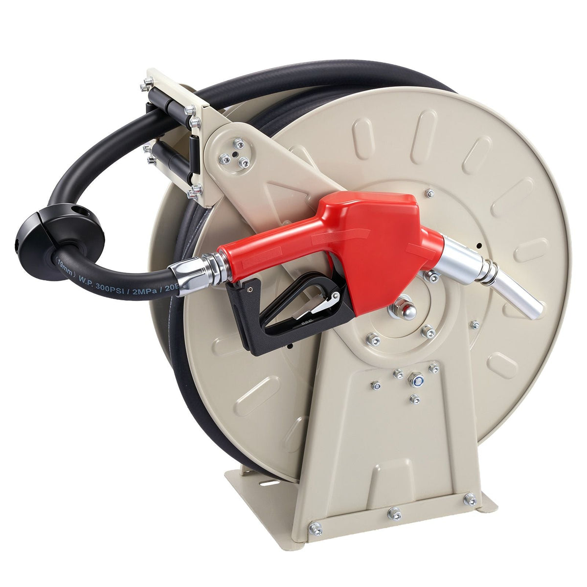 Fuel Hose Reel, 3/4 inch x 50 ft Retractable, Spring Driven Auto Swivel Rewind, 300 PSI, Heavy-Duty Carbon Steel Construction with Industrial Grade Rubber Hose, for Diesel Fuel, Kerosene