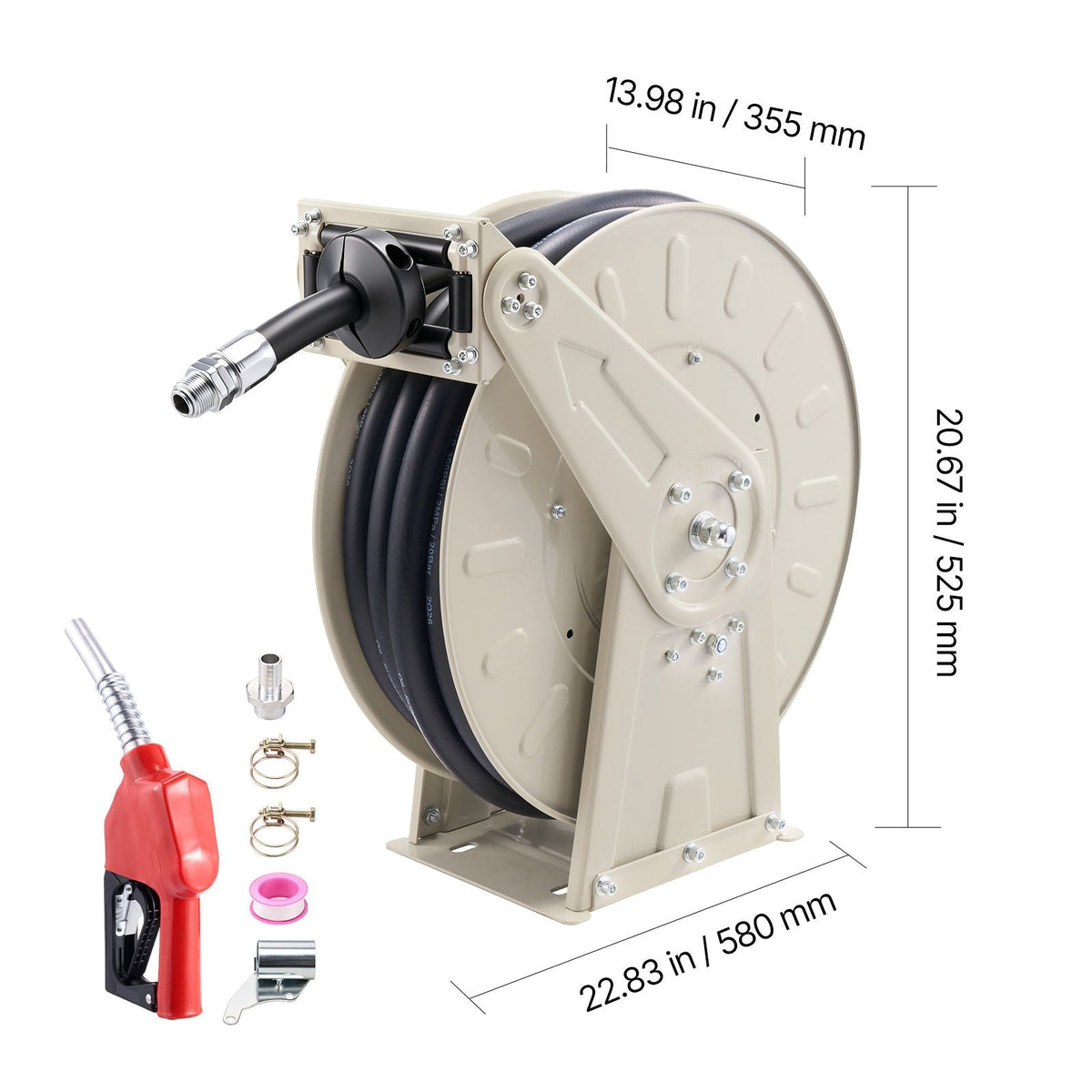 Fuel Hose Reel, 3/4 inch x 50 ft Retractable, Spring Driven Auto Swivel Rewind, 300 PSI, Heavy-Duty Carbon Steel Construction with Industrial Grade Rubber Hose, for Diesel Fuel, Kerosene