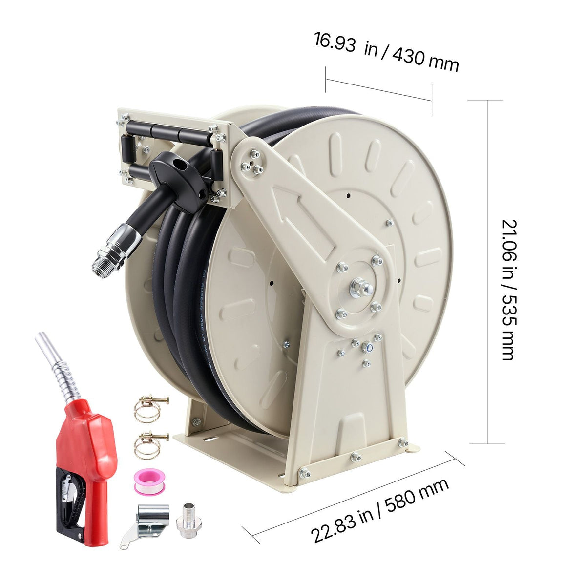 Fuel Hose Reel, 3/4 inch x 66 ft Retractable, Spring Driven Auto Swivel Rewind, 300 PSI, Heavy-Duty Carbon Steel Construction with Industrial Grade Rubber Hose, for Diesel Fuel, Kerosene