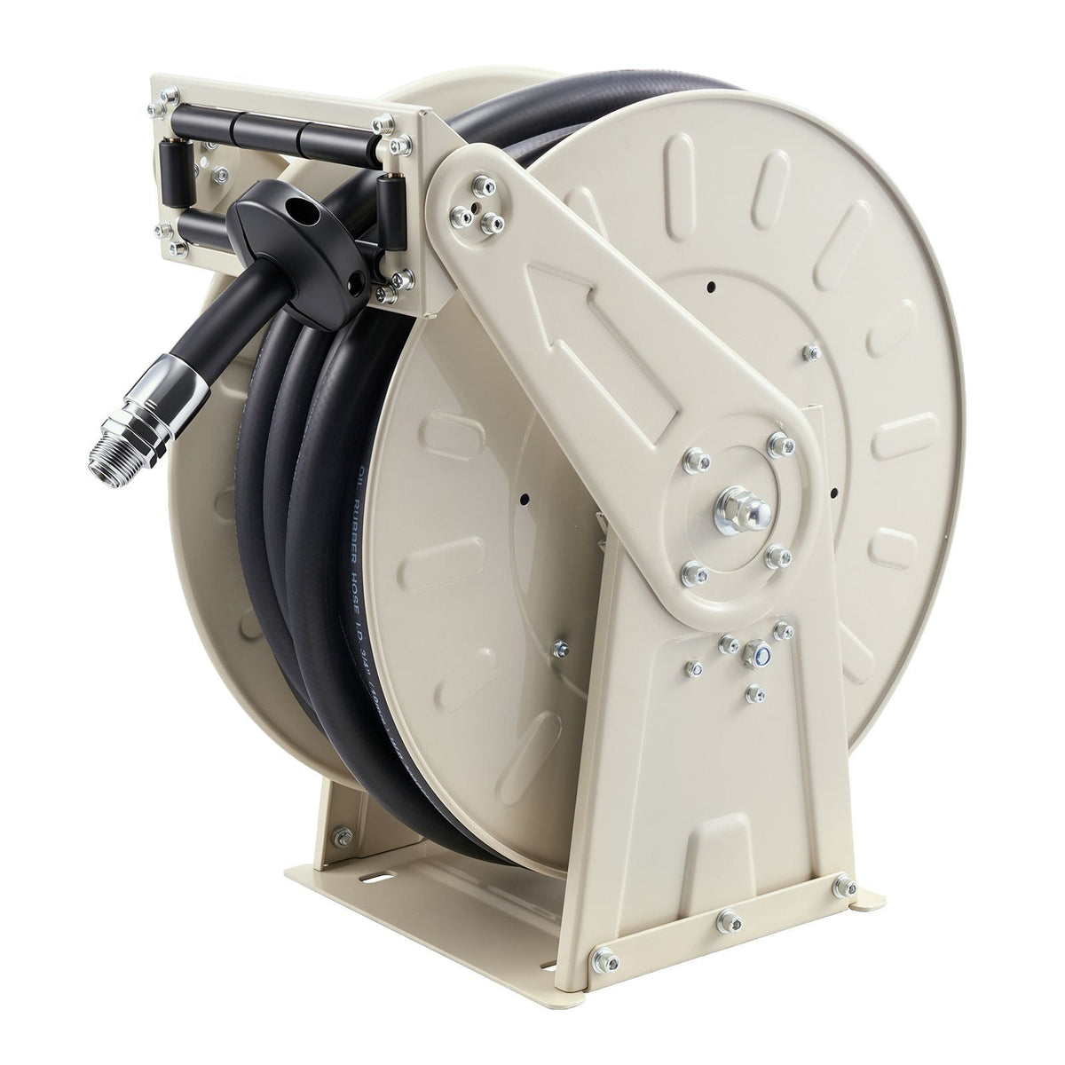 Fuel Hose Reel, 3/4 inch x 66 ft Retractable, Spring Driven Auto Swivel Rewind, 300 PSI, Heavy-Duty Carbon Steel Construction with Industrial Grade Rubber Hose, for Diesel Fuel, Kerosene
