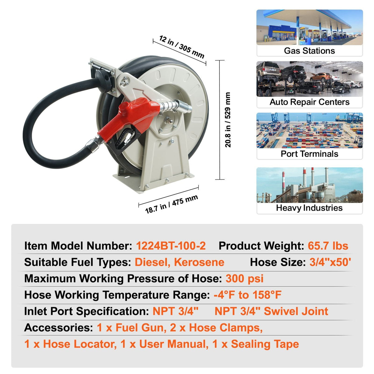 Fuel Hose Reel, 3/4" x 50', Extra Long Retractable Diesel Hose Reel, Heavy-Duty Carbon Steel Construction with Automatic Fuel Nozzle, NBR Rubber Hose for Aircraft Ship Vehicle Tank Truck, 300PSI