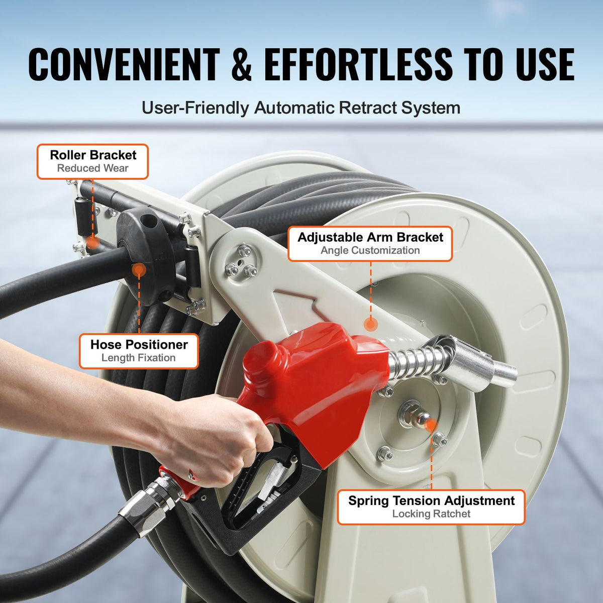 Fuel Hose Reel, 3/4" x 50', Extra Long Retractable Diesel Hose Reel, Heavy-Duty Carbon Steel Construction with Automatic Fuel Nozzle, NBR Rubber Hose for Aircraft Ship Vehicle Tank Truck, 300PSI