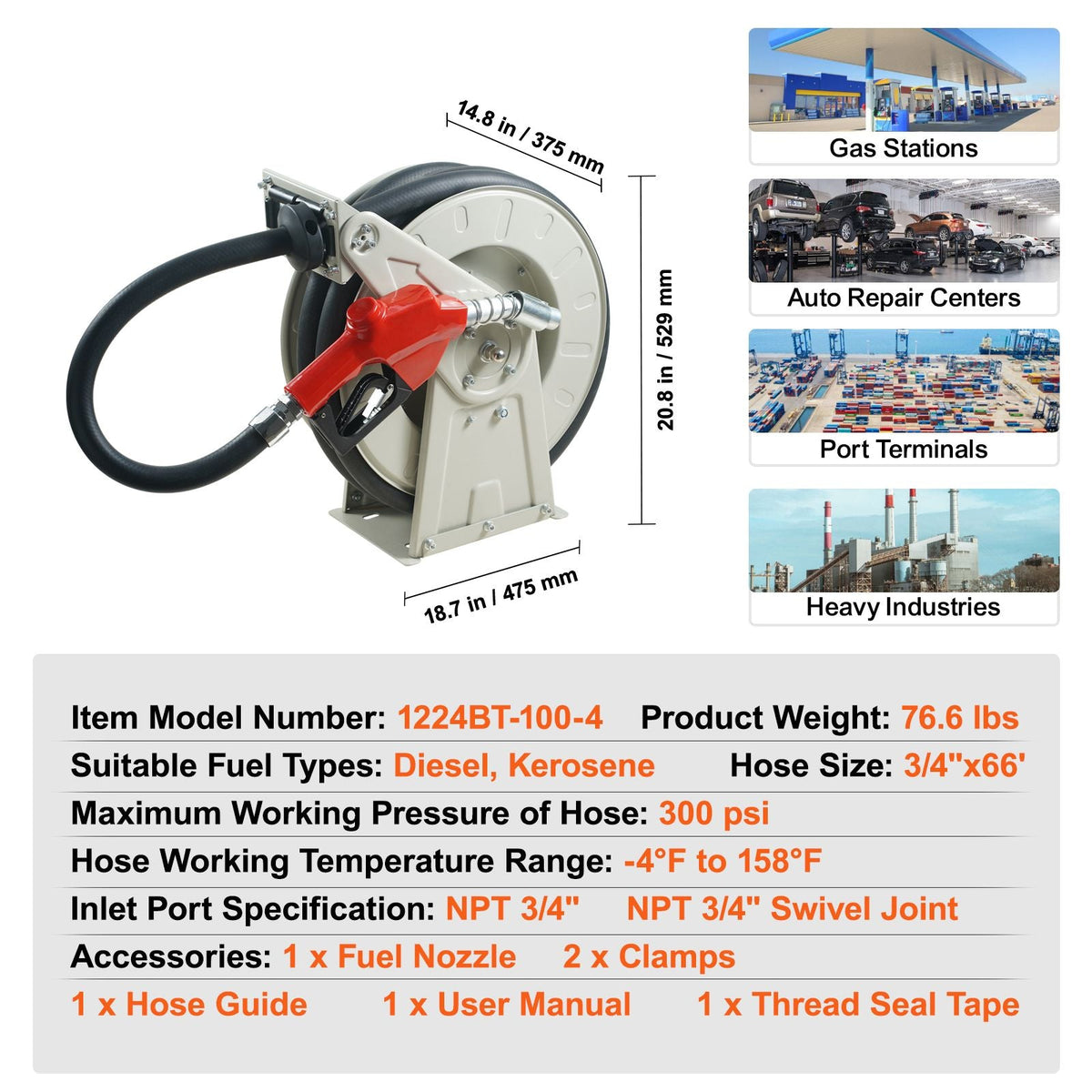 Fuel Hose Reel, 3/4" x 66', Extra Long Retractable Diesel Hose Reel, Heavy-Duty Carbon Steel Construction with Automatic Fuel Nozzle, NBR Rubber Hose for Aircraft Ship Vehicle Tank Truck, 300PSI