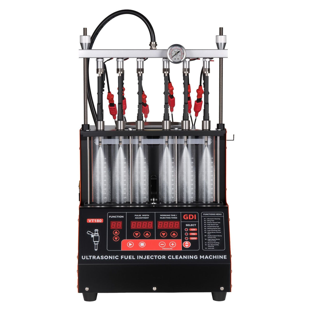 Fuel Injector Cleaner Tester, 9 Test Modes, 6-Cylinder 28kHz Ultrasonic Cleaning Machine Adjustable 12V/70V/120V for EFI/FSI/GDI, Injector Cleaner Machine with Drain Valve for Car & Motorcycle