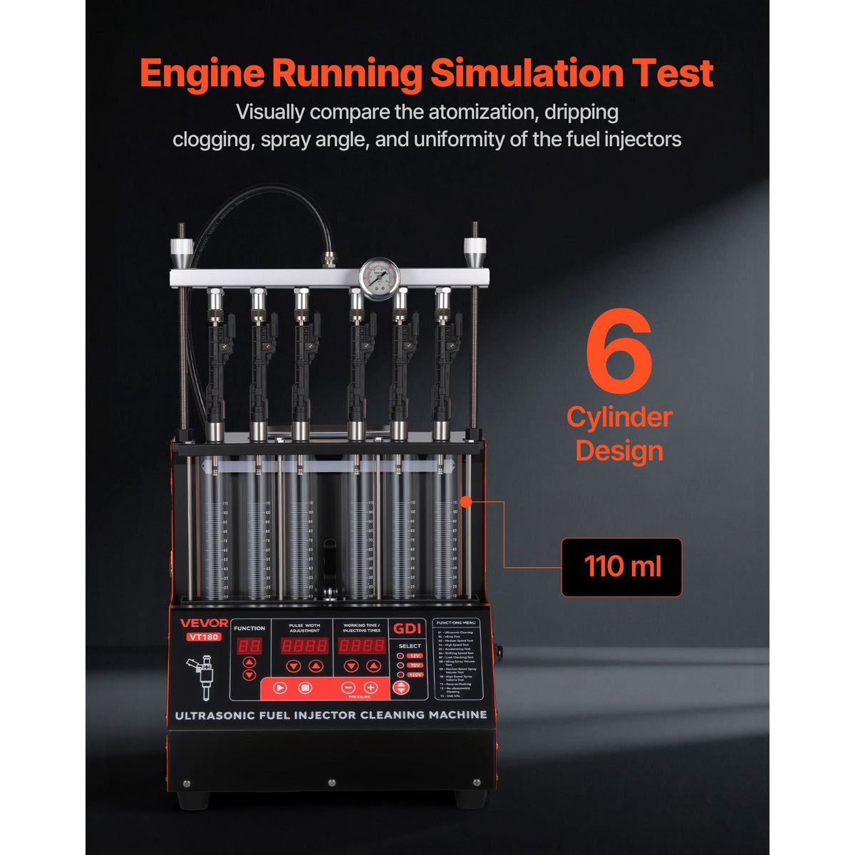 Fuel Injector Cleaner Tester, 9 Test Modes, 6-Cylinder 28kHz Ultrasonic Cleaning Machine Adjustable 12V/70V/120V for EFI/FSI/GDI, Injector Cleaner Machine with Drain Valve for Car & Motorcycle