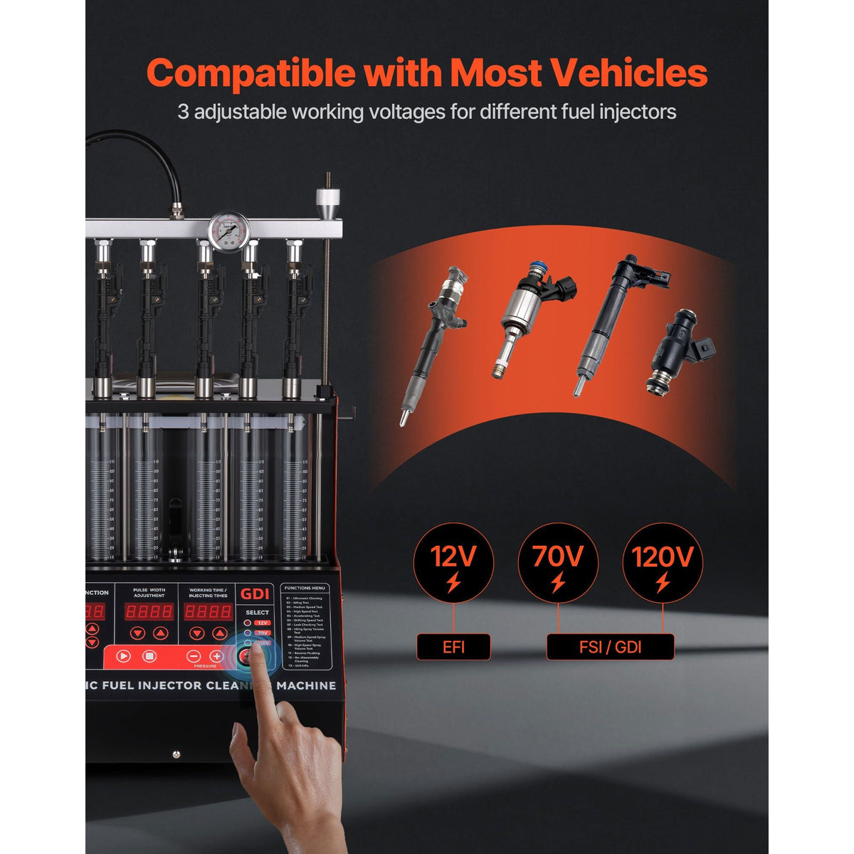 Fuel Injector Cleaner Tester, 9 Test Modes, 6-Cylinder 28kHz Ultrasonic Cleaning Machine Adjustable 12V/70V/120V for EFI/FSI/GDI, Injector Cleaner Machine with Drain Valve for Car & Motorcycle