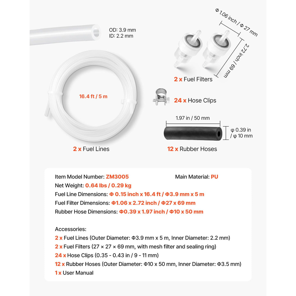 Fuel Pipe Hose Line Kit, 196.9″ Diesel Heater Fuel Line Kit, Replaceable Parking Heater Fuels Lines Kits with Lines Filters Clips & Hoses, Tank Diesel Heater Accessories for 2KW 5KW 8KW Heaters