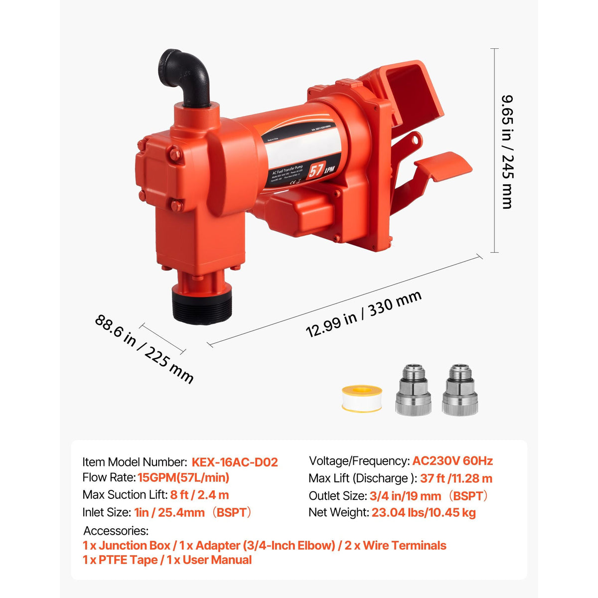 Fuel Transfer Pump 110V, 15 GPM 57 L/min, AC Electric Oil Transfer Pump, 8 ft/2.4 m Max Suction Lift, 37 ft/11.28 m Max Lift, Overheat Protection, for Gasoline Diesel Kerosene Biodiesel Ethanol