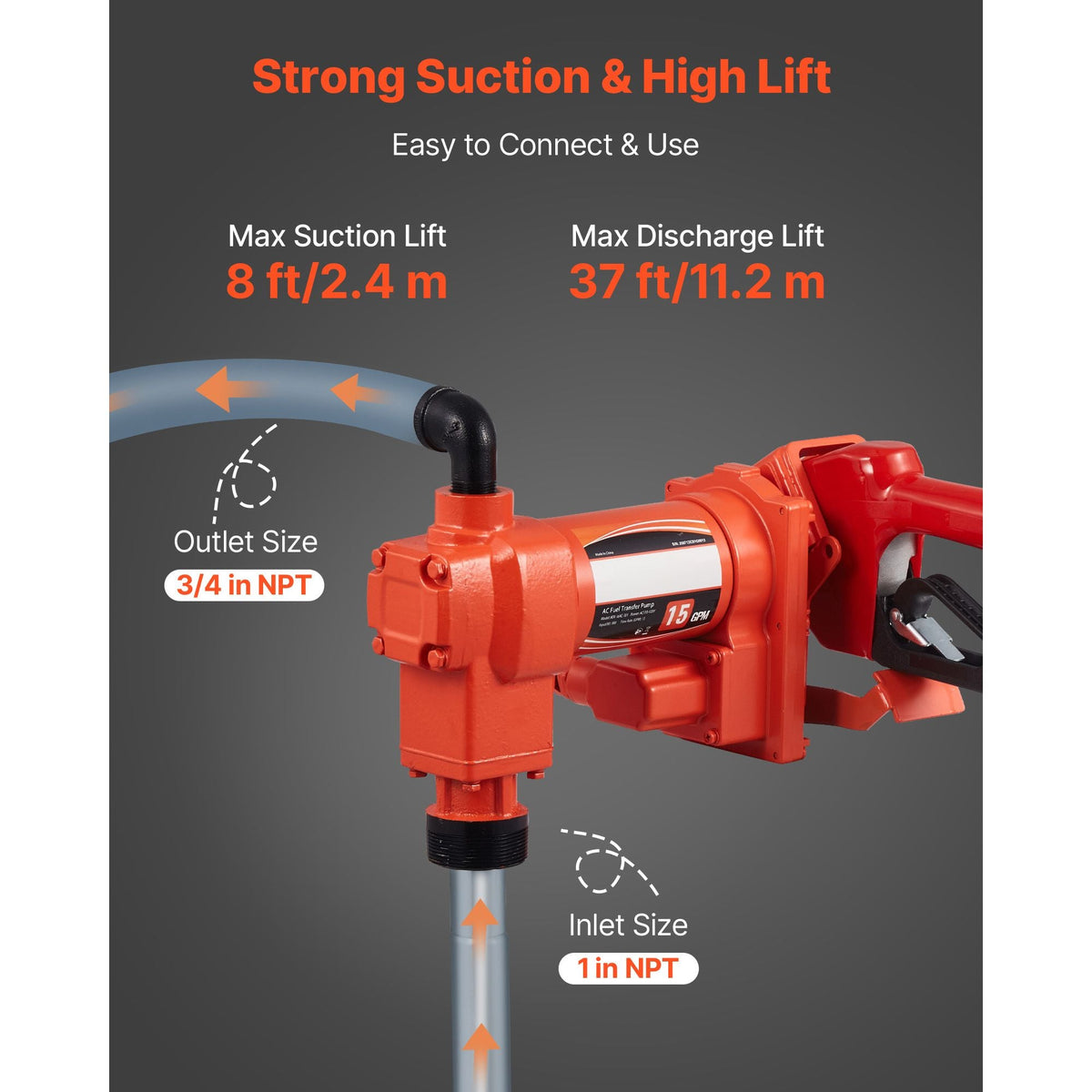 Fuel Transfer Pump 110V, 15 GPM 57 L/min, AC Electric Oil Transfer Pump, with Auto Shut-Off Fuel Nozzle & Discharge Hose, High Flow Kit for Gasoline, Diesel, Kerosene, Biodiesel, Ethanol Blends