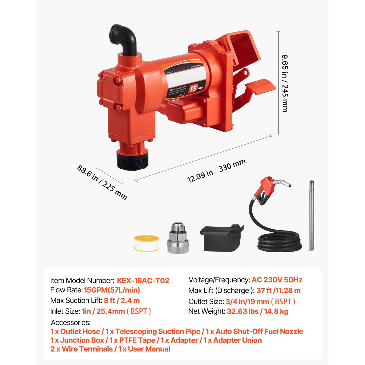 Fuel Transfer Pump 110V, 15 GPM 57 L/min, AC Electric Oil Transfer Pump, with Auto Shut-Off Fuel Nozzle & Discharge Hose, High Flow Kit for Gasoline, Diesel, Kerosene, Biodiesel, Ethanol Blends