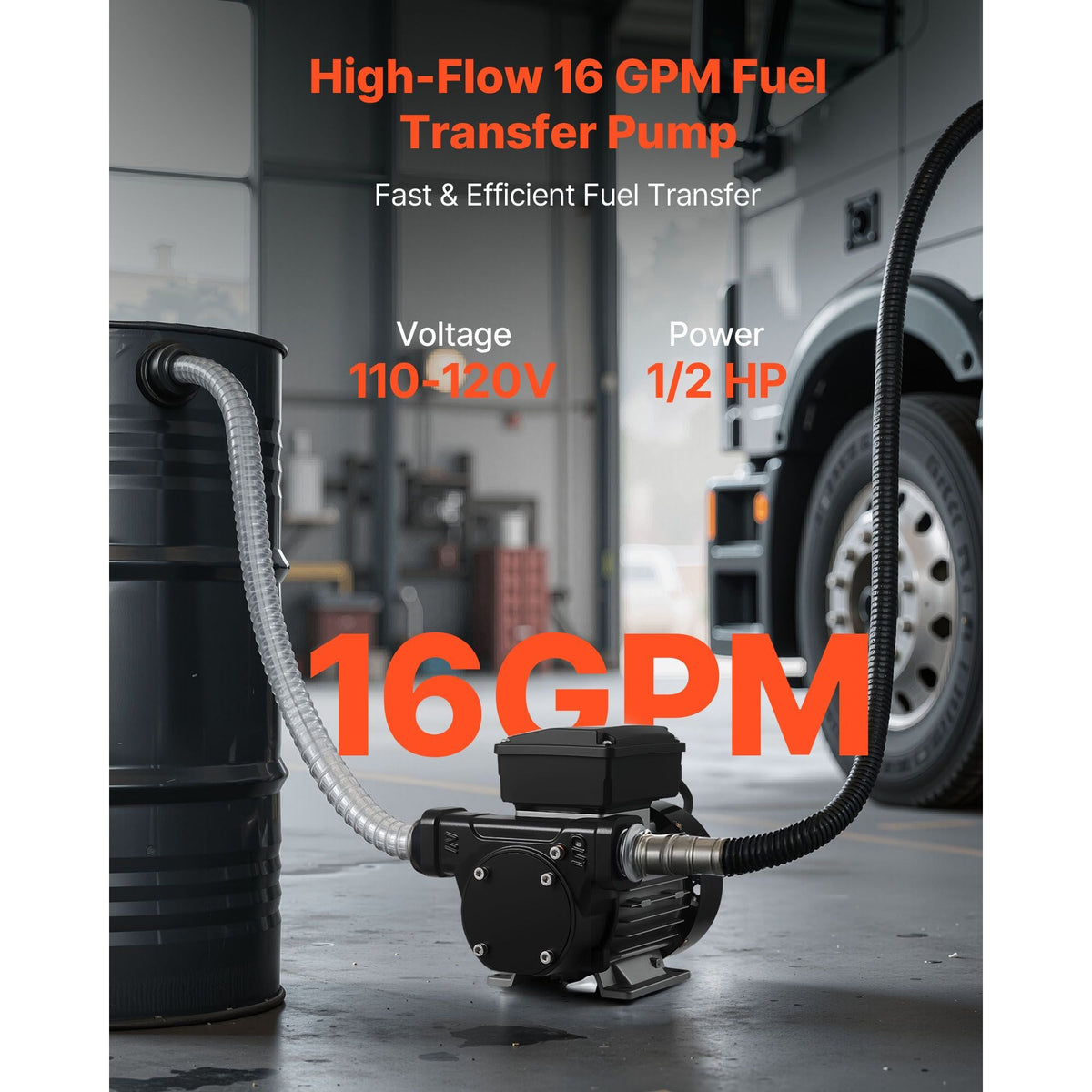 Fuel Transfer Pump 110V, 16 GPM 60 L/min, AC Electric Oil Transfer Pump for Diesel Kerosene Biodiesel, with Auto Fuel Nozzle & 2 Hoses, 45 ft/13.7 m Max Lift, for Vehicles, Construction Sites