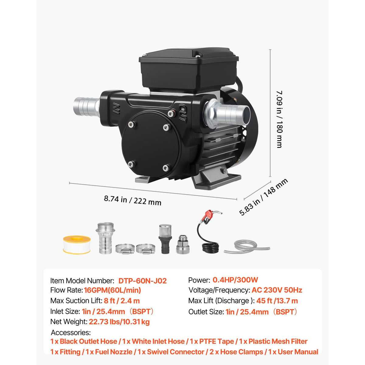 Fuel Transfer Pump 110V, 16 GPM 60 L/min, AC Electric Oil Transfer Pump for Diesel Kerosene Biodiesel, with Auto Fuel Nozzle & 2 Hoses, 45 ft/13.7 m Max Lift, for Vehicles, Construction Sites