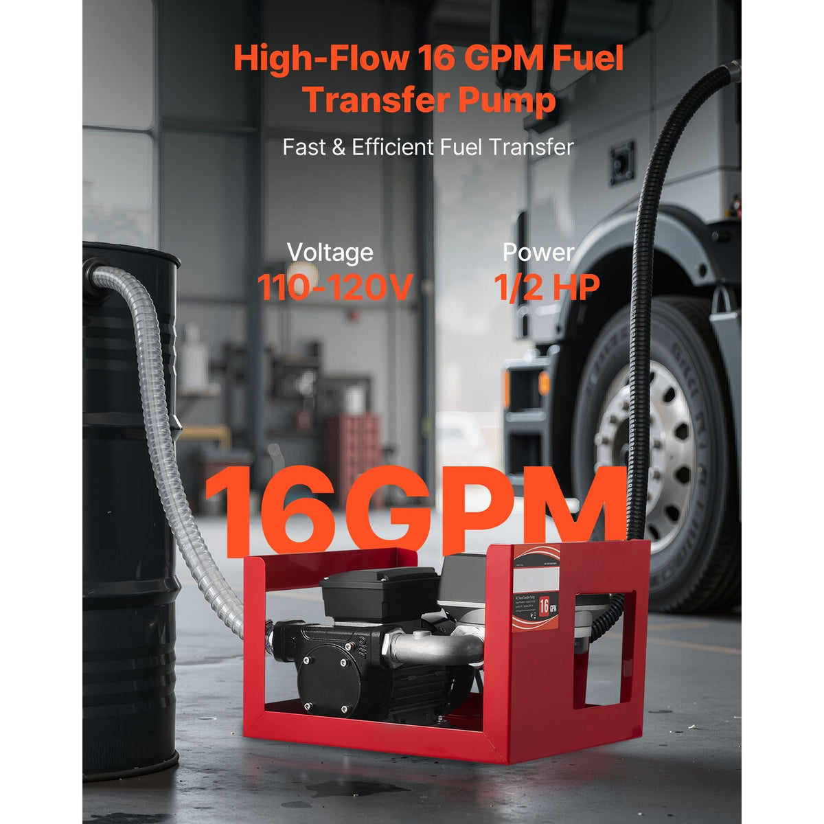 Fuel Transfer Pump 110V, 16 GPM 60 L/min, AC Electric Oil Transfer Pump for Diesel Kerosene Biodiesel, with Meter, Auto Fuel Nozzle & 2 Hoses, 45 ft/13.7 m Lift, for Vehicles, Construction Sites