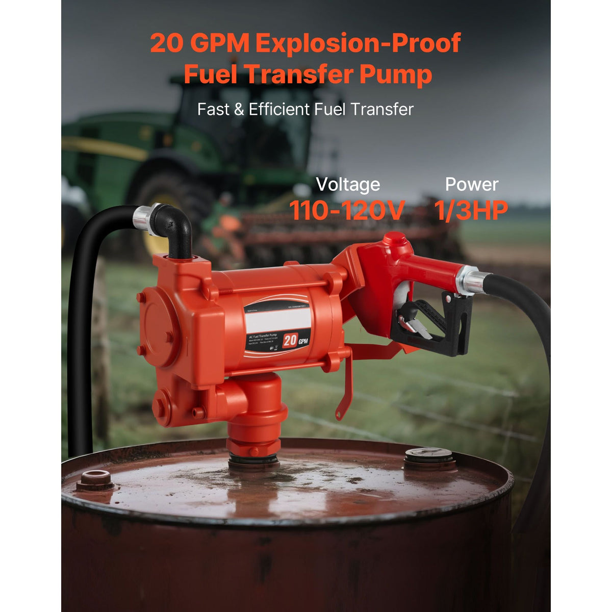 Fuel Transfer Pump 110V, 20 GPM 76 L/min, AC Electric Oil Transfer Pump, with Auto Shut-Off Fuel Nozzle & Discharge Hose, High Flow Kit for Gasoline, Diesel, Kerosene, Biodiesel, Ethanol Blends