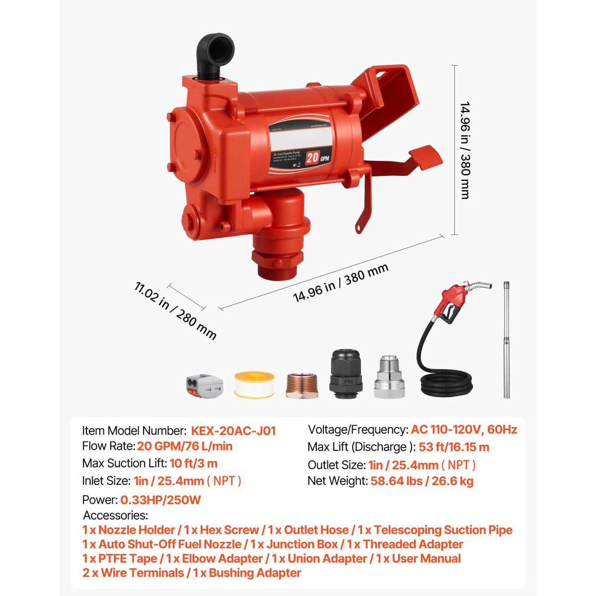 Fuel Transfer Pump 110V, 20 GPM 76 L/min, AC Electric Oil Transfer Pump, with Auto Shut-Off Fuel Nozzle & Discharge Hose, High Flow Kit for Gasoline, Diesel, Kerosene, Biodiesel, Ethanol Blends
