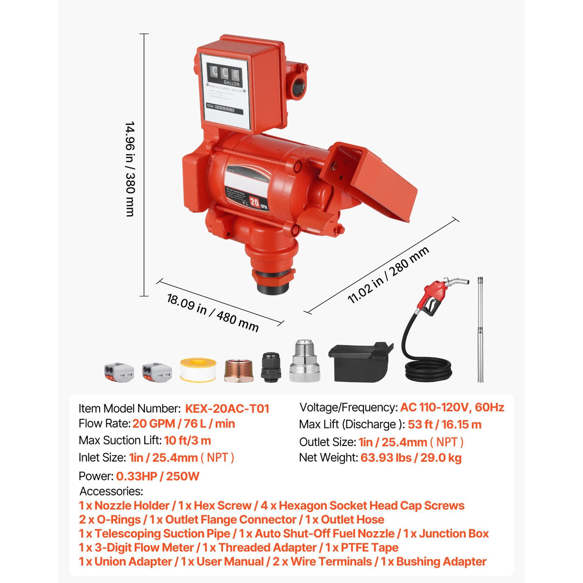 Fuel Transfer Pump 110V, 20 GPM 76 L/min, AC Electric Oil Transfer Pump, with Meter, Auto Shut-Off Fuel Nozzle & Discharge Hose, High Flow for Gasoline, Diesel, Kerosene, Biodiesel, Ethanol